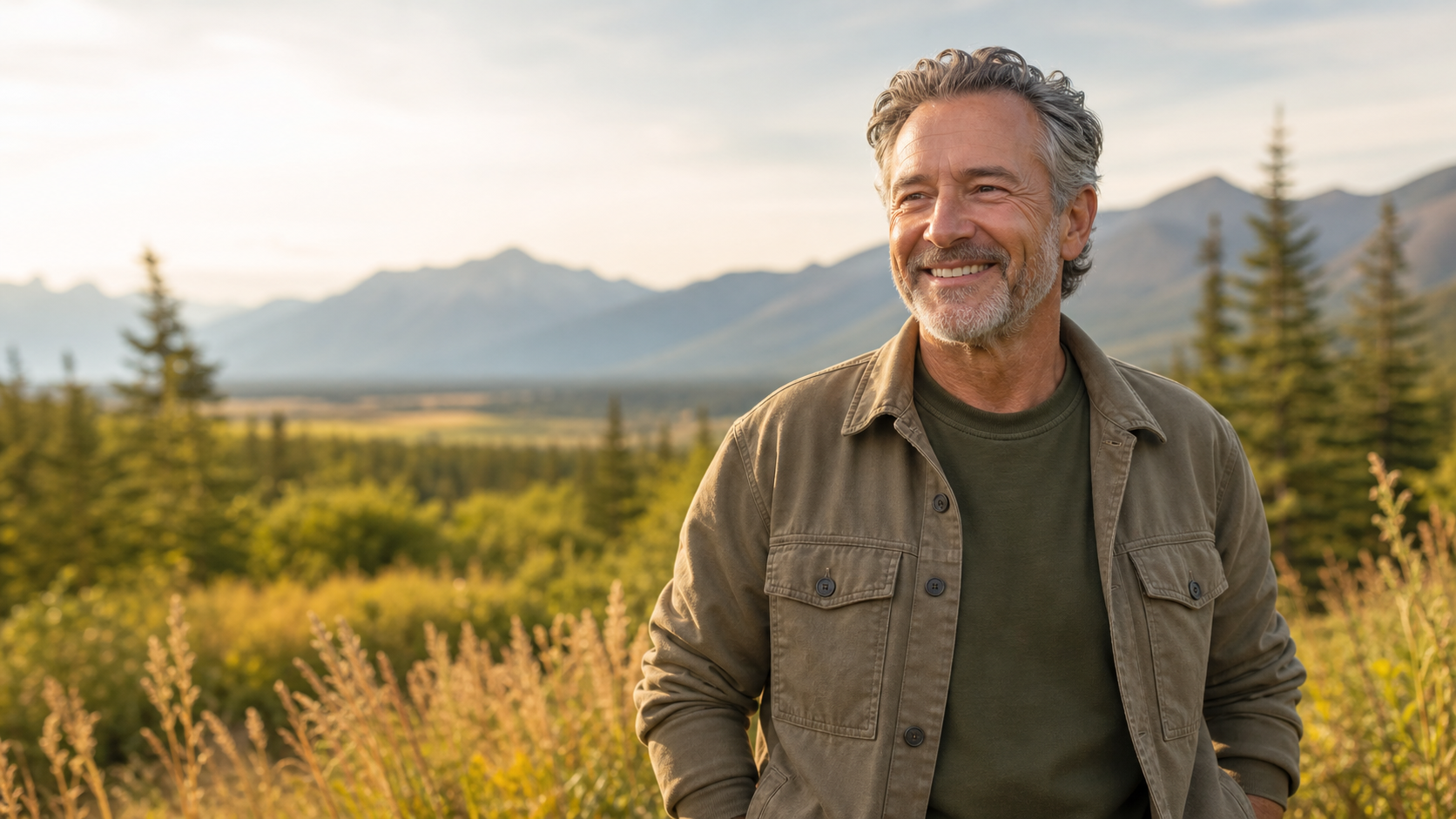 Smiling man enjoying a warm afternoon outdoors in Alaska